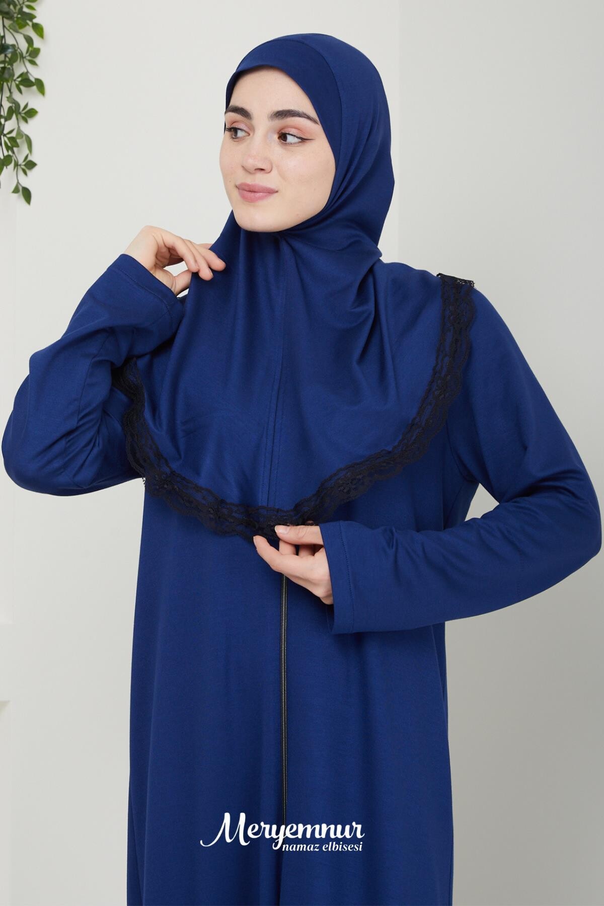 Kendinden Başörtülü Fermuarlı Namaz Elbisesi İki İplik Petrol Mavisi 