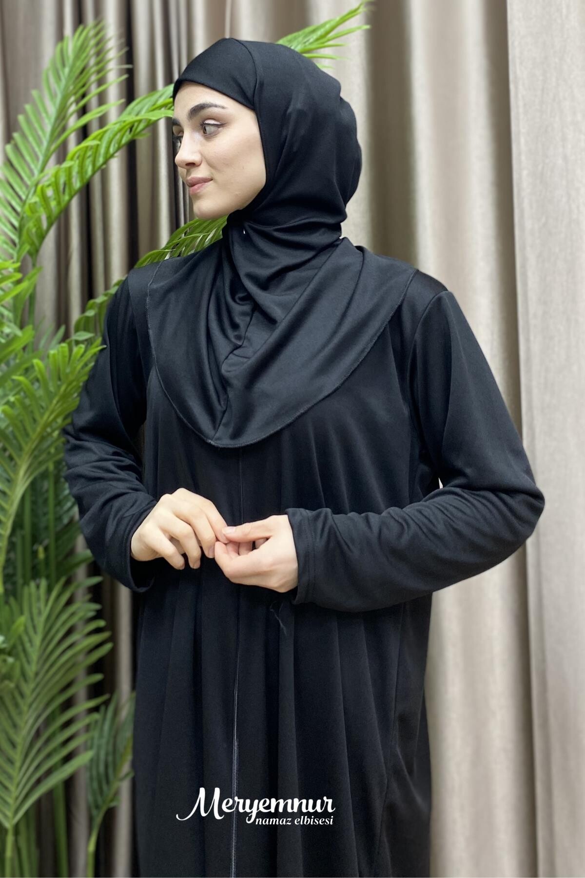 Kendinden Başörtülü Fermuarlı Namaz Elbisesi Jarse Siyah - 4